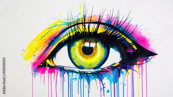 Fototapeta An human eye, pop art in the style of gary doger, dripping neon colors on a white background