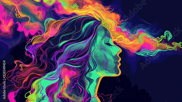 Fototapeta Trippy colorful psychedelic art with waves and smoke, vector illustration of woman silhouette head in the middle, background is vibrant and bright colors, in the style of trippy surrealistic.