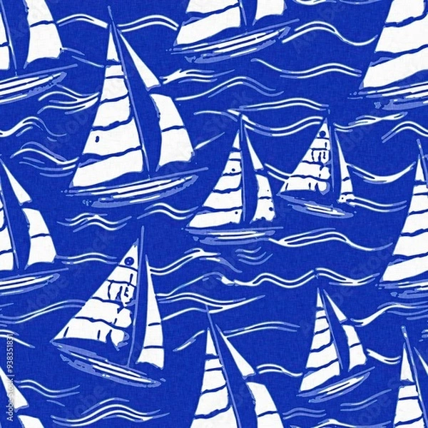 Fototapeta Coastal sail boat in azure ocean blue seamless background, Modern sailing race boat block print for decorative coast interior furnishing fabric . Rustic linen beach cottage trend tile. 
