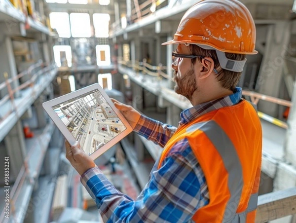 Fototapeta Over the shoulder review of an European engineer on construction site studying on his digital tablet, working on a project.