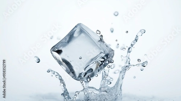 Fototapeta An ice cube creates a splash of water as it falls into a clear liquid.