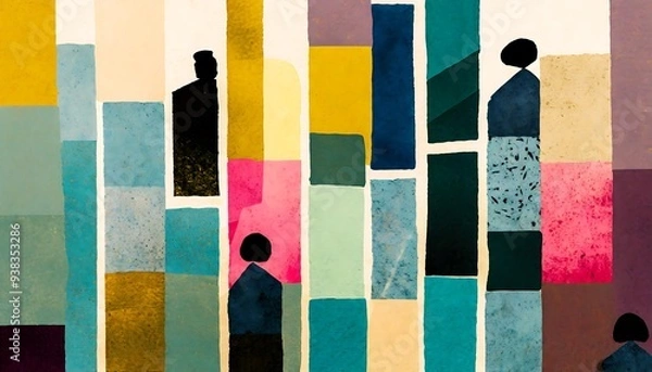 Fototapeta A vibrant abstract art piece featuring colorful backgrounds and silhouetted human figures, with geometric shapes and textures enhancing the visual interest