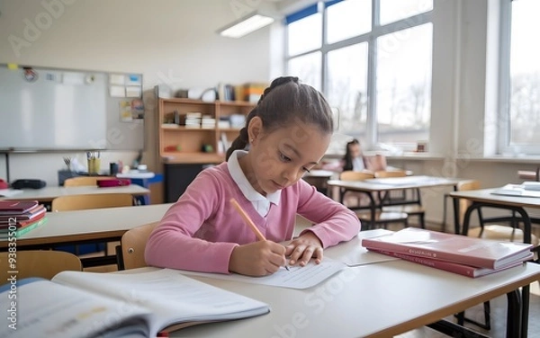Fototapeta A photo of a focused young girl writing in a classroom setting. She is sitting at a desk and is wearing a pink sweater and a white shirt.