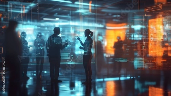 Fototapeta A futuristic business meeting scene showcasing diverse professionals engaged in conversation amidst digital data visuals and holographic displays in a modern office environment.