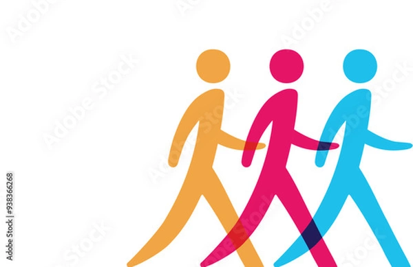 Obraz Colorful walking figures logo icon representing teamwork, movement, and diversity.
