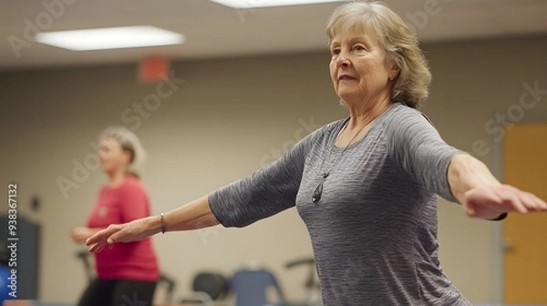 Fototapeta A senior woman practices balance exercises in a fitness class, showcasing health and wellness in a supportive environment. 
