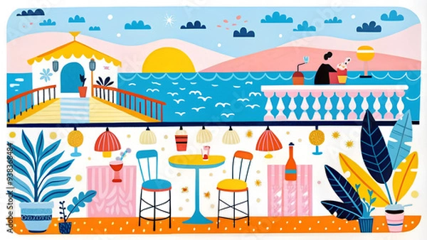 Obraz Whimsical beachside cafe illustration with person enjoying scenic ocean view