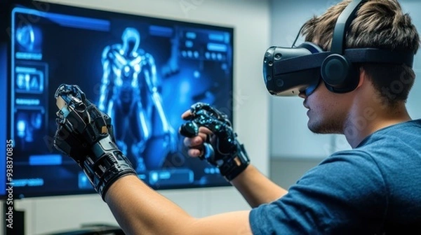 Fototapeta Man in VR headset with haptic gloves