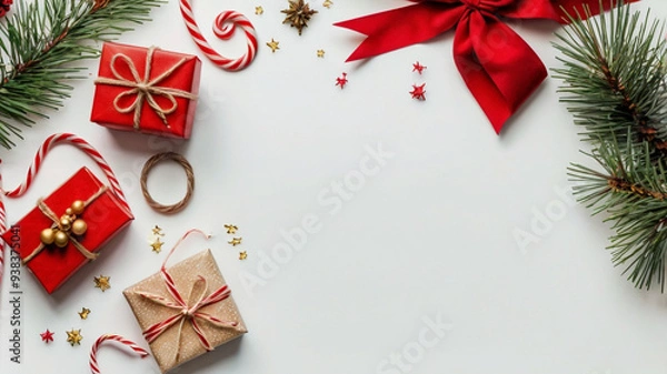 Fototapeta Christmas and New Year festive background. Christmas gifts and decorations with red ribbon on white background top view.