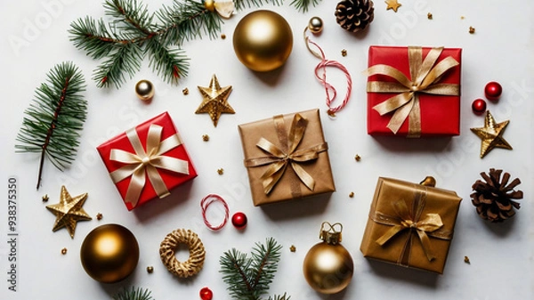 Fototapeta Christmas and New Year festive background. Christmas gifts and decorations with red ribbon on white background top view.