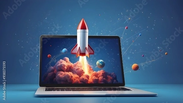 Fototapeta Rocket coming out of laptop screen, blue background. AI digital illustration