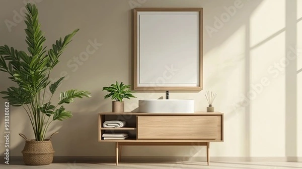 Fototapeta 3D Rendering, 3D illustration luxury bathroom in dry Zone, mockup photo frame on beautiful the wall, Decorated with wooden shelf and cabinet with plant in pot, rendering
