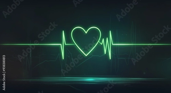 Fototapeta Green Electrocardiogram (ECG) Line with Neon Light Effects and Glowing Hearts on a Black Background