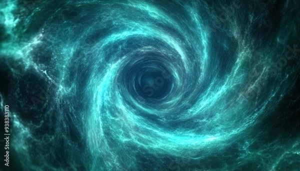 Fototapeta A swirling blue vortex in space, depicting a cosmic phenomenon with vibrant colors and a deep black center