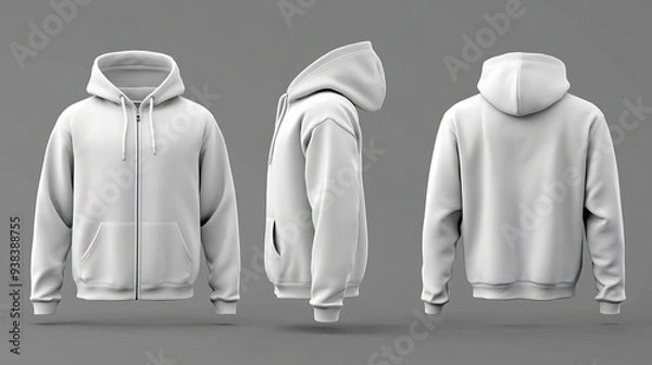 Fototapeta 3D rendering and illustration of a blank hooded sweatshirt mockup with a zipper shown in front side and back views