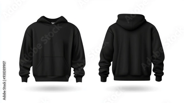 Fototapeta Black sweatshirt template with long sleeves and a hoodie isolated on a white background with a clipping path vector illustration for print design mockup