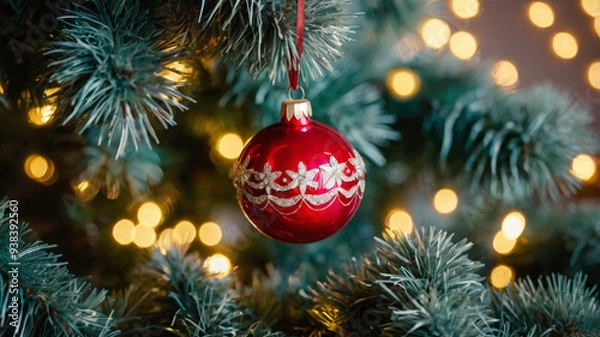 Fototapeta Fir branches with red ball and cones on festive background. Golden Christmas decorations with cones and fir branches.