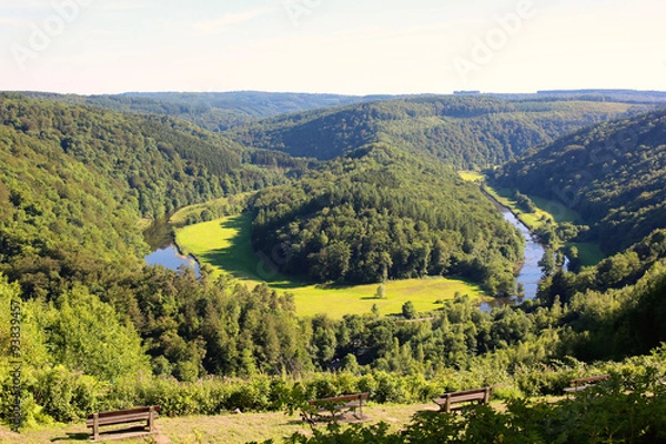 Fototapeta Elevated view from famous panoramic viewpoint of beautiful Giant's tomb lying inside the bend of the river Semois located nearby the city of Bouillon, Wallonia, Ardennes, Belgium.