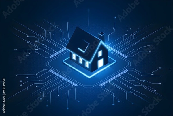 Fototapeta Blue neon house surrounded by circuits on a hexagonal background, symbolizing smart tech