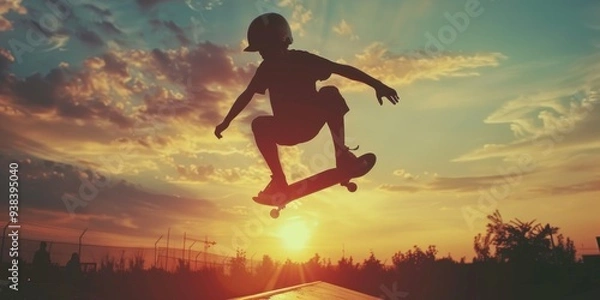 Fototapeta A young man rides his skateboard up the side of a skate ramp, ready to perform tricks