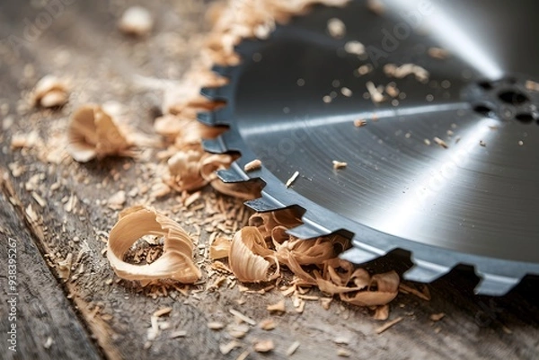 Fototapeta Circular saw blade resting on wood, surrounded by shavings, contrasting sharpness and rustic texture