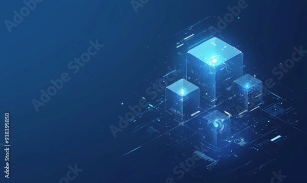 Fototapeta Four Cubes Connected by Lines on Dark Blue Background, Blockchain Technology Concept