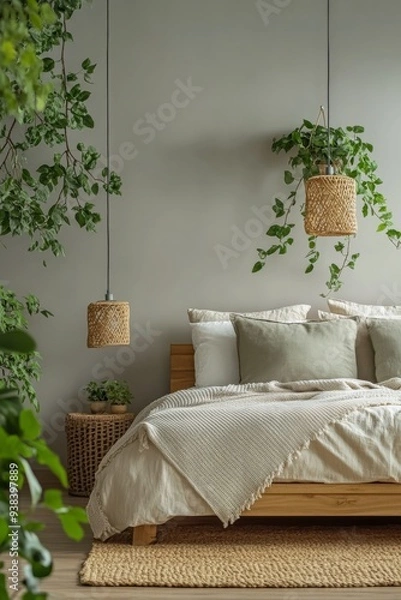 Fototapeta Cozy winter bedroom with white bedding and a decorated Christmas tree