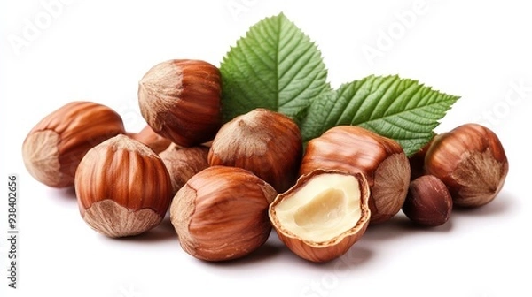 Fototapeta Close-up of hazelnuts with leaves, one nut is cracked open revealing the kernel.