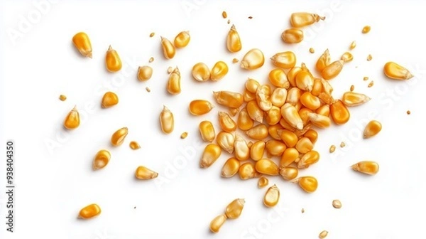 Fototapeta A cluster of golden corn kernels scattered on a white background.