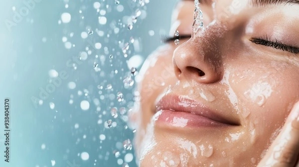 Obraz Splashing water on a freshly cleansed face, refreshing routine, pure hydration