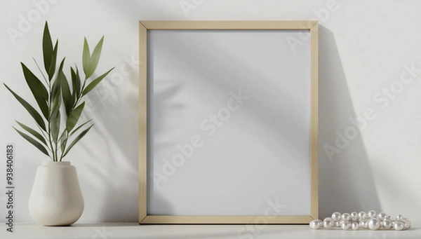 Fototapeta A mockup of an empty light wooden frame leaning against white wall on top of table