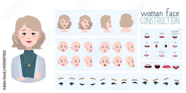 Obraz Business woman avatar creation suitable for animation. Generator, constructor of diverse views of eyes, lips, emotion expressions mouth animation and lip sync. Girl character face construction.