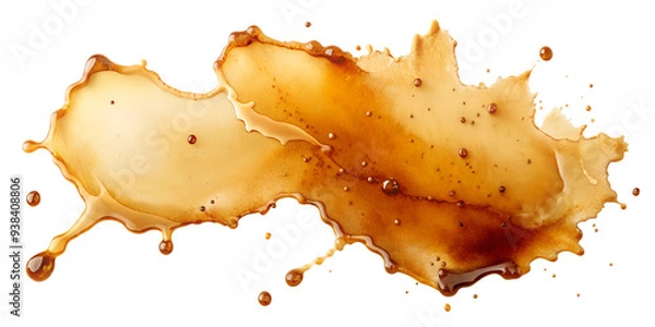 Fototapeta Large coffee spill with splashes and droplets, isolated for creative projects. Transparent PNG file.