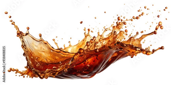 Obraz Dark cola splash with droplets and fizzy bubbles, isolated. Ideal for beverage designs. Transparent PNG file.