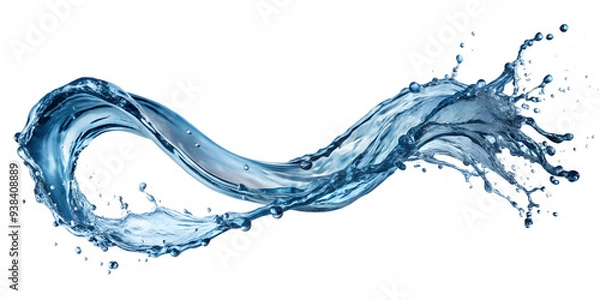 Fototapeta Curved blue water splash with intricate droplets, emphasizing movement and fluidity, isolated, transparent PNG file