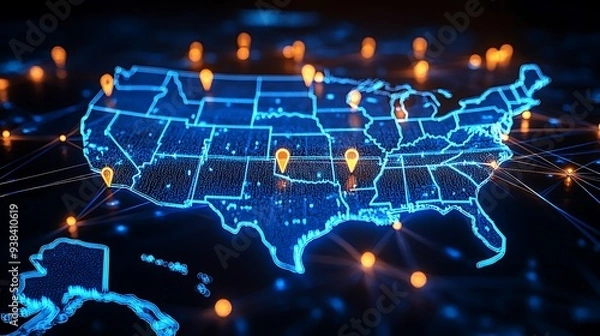 Fototapeta  A high-tech, illuminated 3D map of the United States, showcasing various pinpoint locations across the country. The map is vibrant with blue lights highlighting the states' boundaries 