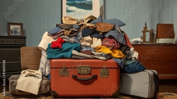 Fototapeta Overpacked Suitcase: A visual representation of the chaotic process of packing for a journey