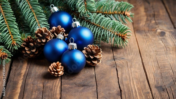 Fototapeta Fir branches with blue balls and cones on a wooden background Festive frame of blue and gold Christmas decorations with cones and fir branches on a textured background.