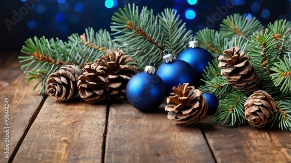 Fototapeta Fir branches with blue balls and cones on a wooden background Festive frame of blue and gold Christmas decorations with cones and fir branches on a textured background.