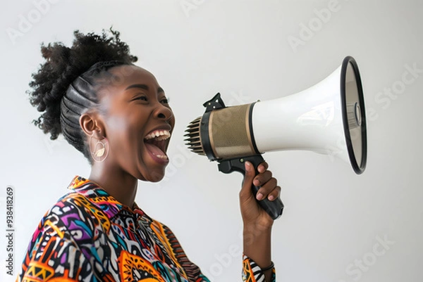 Fototapeta A woman uses a loud hailer to project her message with power and authority, isolated against a clean white background.
