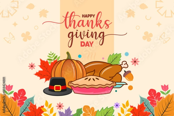 Fototapeta Happy thanksgiving day illustration background with colorful maple and leaves. Modern hand drawn pumpkin, turkey, pie and hat vector in soft color.