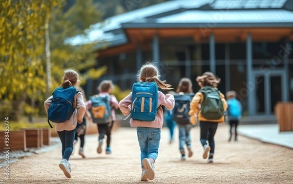 Obraz A group of children with backpacks running towards the school building