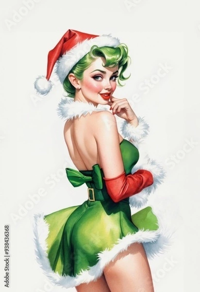 Fototapeta Vintage-Style Watercolor Pin-Up: Green-Haired Model with Flirty Expression, Back View with Face Turned Towards Viewer, Touching Lips, on White Background