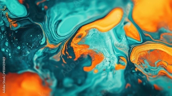 Obraz A painting of a green and orange swirl with a blue background