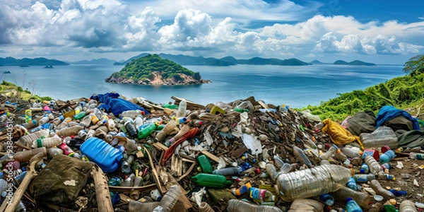 Fototapeta An island in the ocean made of garbage