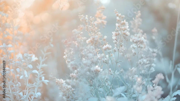 Fototapeta Soft, delicate white flowers bloom in a field of green, bathed in the warm glow of the setting sun.