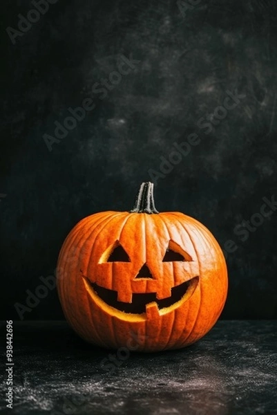 Fototapeta Smiling carved pumpkin on a dark background for Halloween celebration