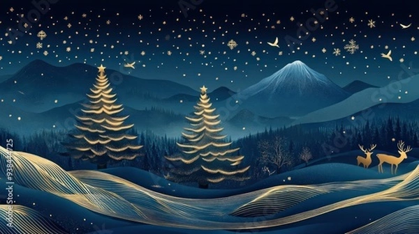 Fototapeta A mountain scene with a deer standing in front of a Christmas tree.