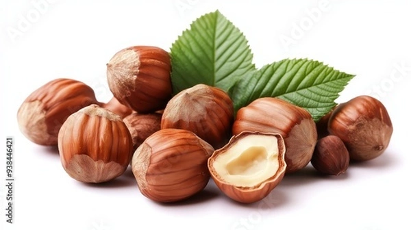 Obraz A group of hazelnuts with a green leaf on a white background. One hazelnut is open, revealing the white kernel inside.