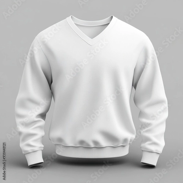 Fototapeta White long-sleeved V-neck sweatshirt with ribbed cuffs and hem, isolated on gray background.